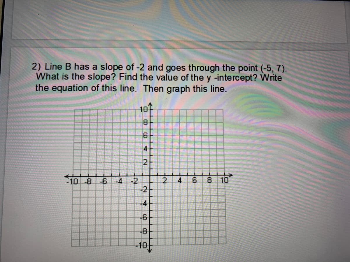 2) Line B has a slope of -2 and goes through the point (-5, 7).
What is the slope? Find the value of the y -intercept? Write
the equation of this line. Then graph this line.
101
6 8 10
-10 -8-6 -4-2
-2
2.
-4
-6
-8
-10
4.
