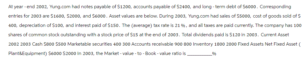 At year-end 2002, Yung.com had notes payable of $1200, accounts payable of $2400, and long-term debt of $6000. Corresponding
entries for 2003 are $1600, $2000, and $6000. Asset values are below. During 2003, Yung.com had sales of $5000, cost of goods sold of $
400, depreciation of $100, and interest paid of $150. The (average) tax rate is 21 %, and all taxes are paid currently. The company has 100
shares of common stock outstanding with a stock price of $15 at the end of 2003. Total dividends paid is $120 in 2003. Current Asset
2002 2003 Cash $800 $500 Marketable securities 400 300 Accounts receivable 900 800 Inventory 1800 2000 Fixed Assets Net Fixed Asset (
Plant&Equipment) $6000 $2000 In 2003, the Market - value - to - Book - value ratio is
%