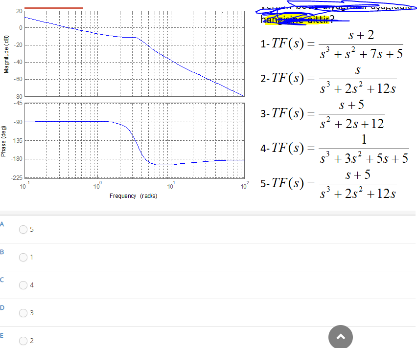 20
han
s+2
1- TF(s)
-20
s' + s + 7s+5
-40
S
2-TF(s)=
- 60
s' + 2s +12s
-80
-45
s+5
3- TF(s) =
s' + 2s + 12
-90
1
-135
4- TF(s)
s' + 3s + 5s + 5
s+ 5
-180
-225
10
To 5- TF(s):
10
70°
s' + 2s +12s
Frequency (rad/s)
LA
B
O1
4
ID
E
Phase (deg)
Magnitude (dB)
3.
