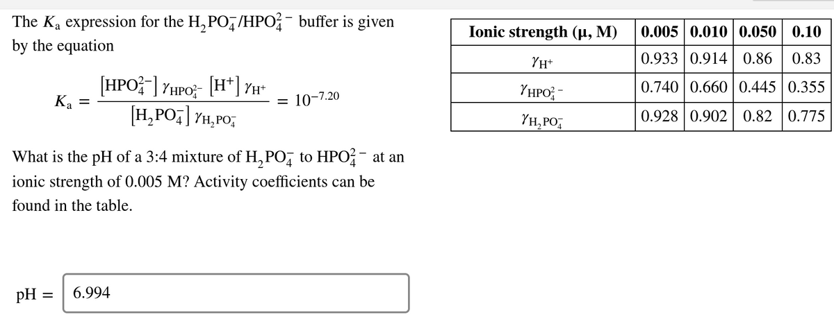 The Ka expression for the H,PO,/HPO? - buffer is given
by the equation
Ionic strength (µ, M)
0.005 0.010 0.050 0.10
YH*
0.933 0.914 | 0.86
0.83
[HPO}-] Yuro; [H*] YH"
Ка
[H,PO] YH,PO,
YHPO;
0.740 0.660| 0.445 0.355
= 10-7.20
YH, PO,
0.928 0.902 0.82 0.775
What is the pH of a 3:4 mixture of H, PO, to HPO- at an
2
ionic strength of 0.005 M? Activity coefficients can be
found in the table.
pH =
6.994
