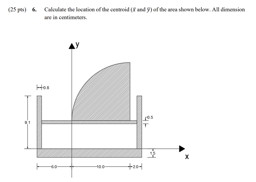 (25 pts) 6.
9,1
Calculate the location of the centroid (x and y) of the area shown below. All dimension
are in centimeters.
+++0.8
-6.0
AY
10.0-
왜ㅑ
0.5
T
+2.0+
1.5
X