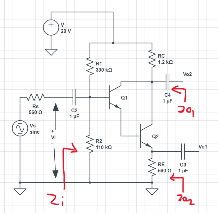 +1
w
Rs
560 Ω
sine +
Vi
Vs
(~) VS
V
20 V
C2
1 μF
1
Zi
ww
R1
330 ΚΩ
R2
110 ΚΩ
Q1
ww
RC
1.2 ΚΩ
C4
1 µF
Q2
Vo2
30₁
C3
RE
560 2 1 µF
гог
Vo1