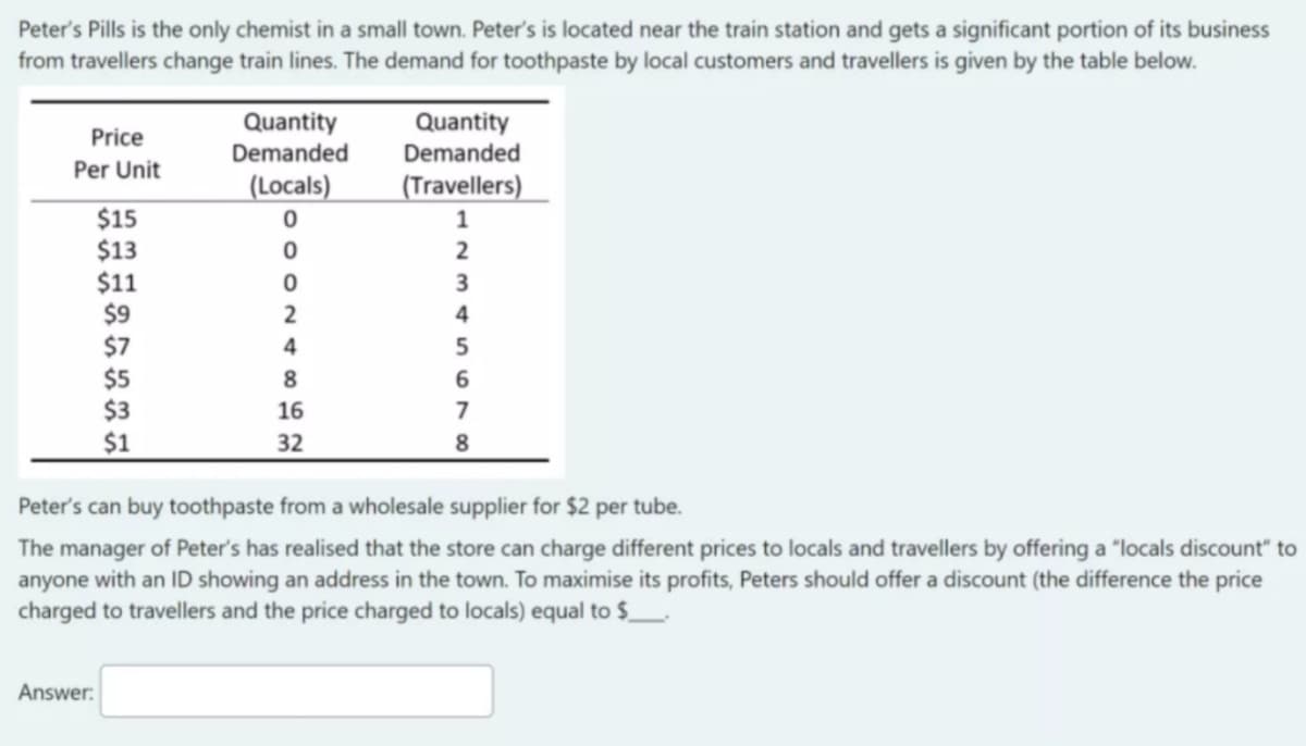 Peter's Pills is the only chemist in a small town. Peter's is located near the train station and gets a significant portion of its business
from travellers change train lines. The demand for toothpaste by local customers and travellers is given by the table below.
Quantity
Demanded
Quantity
Price
Demanded
Per Unit
|(Locals)
(Travellers)
$15
$13
$11
$9
$7
$5
$3
1
2
3
4
4
8
6
16
7
$1
32
Peter's can buy toothpaste from a wholesale supplier for $2 per tube.
The manager of Peter's has realised that the store can charge different prices to locals and travellers by offering a "locals discount" to
anyone with an ID showing an address in the town. To maximise its profits, Peters should offer a discount (the difference the price
charged to travellers and the price charged to locals) equal to $_
Answer:
