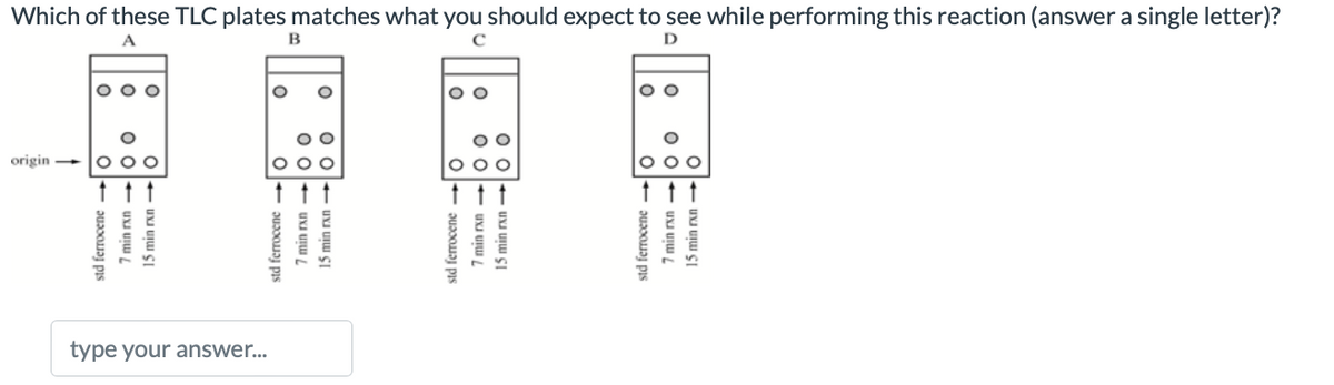 Which of these TLC plates matches what you should expect to see while performing this reaction (answer a single letter)?
A
с
D
origin-
type your answer...
B