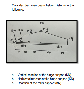 Consider the given beam below. Determine the
following:
10 11.01
12
TV
A
1m 1m 2m
11 101
30篇
4m
B
1m
312
10 10
a. Vertical reaction at the hinge support (KN)
b. Horizontal reaction at the hinge support (KN)
c. Reaction at the roller support (KN)
