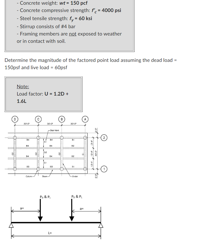 - Concrete weight: wt = 150 pcf
- Concrete compressive strength: f'c = 4000 psi
- Steel tensile strength: fy = 60 ksi
- Stirrup consists of #4 bar
- Framing members are not exposed to weather
or in contact with soil.
Determine the magnitude of the factored point load assuming the dead load =
150psf and live load = 60psf
Note:
Load factor: U = 1.2D +
1.6L
30-0¹
a=
X
83
Column-
899
30-0
Dean-
-Sab Mark
B4
D4
3
B3
PD & PL
L=
B
30-0¹
BI
D2
BI
-Girder
PD & PL
a=
Tre re
13-4
05
40-0¹