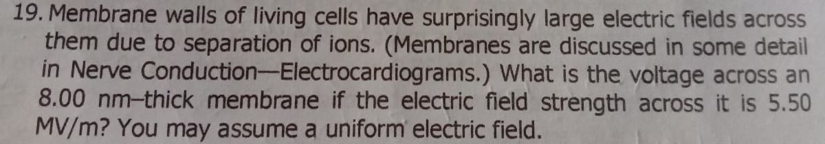 19. Membrane walls of living cells have surprisingly large electric fields across
them due to separation of ions. (Membranes are discussed in some detail
in Nerve Conduction-Electrocardiograms.) What is the voltage across an
8.00 nm-thick membrane if the electric field strength across it is 5.50
MV/m? You may assume a uniform electric field.
