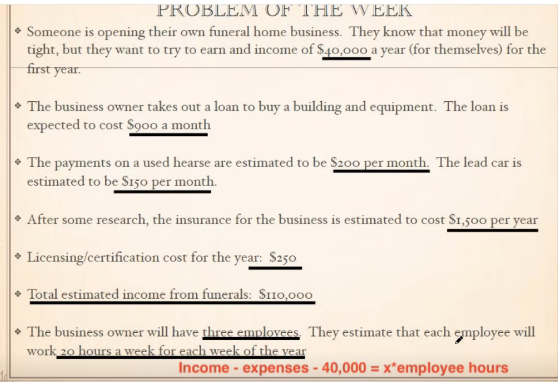 PROBLEM OF THE WEEK
Someone is opening their own funeral home business. They know that money will be
tight, but they want to try to earn and income of $40,000 a year (for themselves) for the
first year.
The business owner takes out a loan to buy a building and equipment. The loan is
expected to cost $900 a month
The payments on a used hearse are estimated to be $200 per month. The lead car is
estimated to be $150 per month.
After some research, the insurance for the business is estimated to cost $1,500 per year
Licensing/certification cost for the year: $250
Total estimated income from funerals: $110,000
The business owner will have three employees. They estimate that each employee will
work 20 hours a week for each week of the year
Income - expenses - 40,000 = x*employee hours