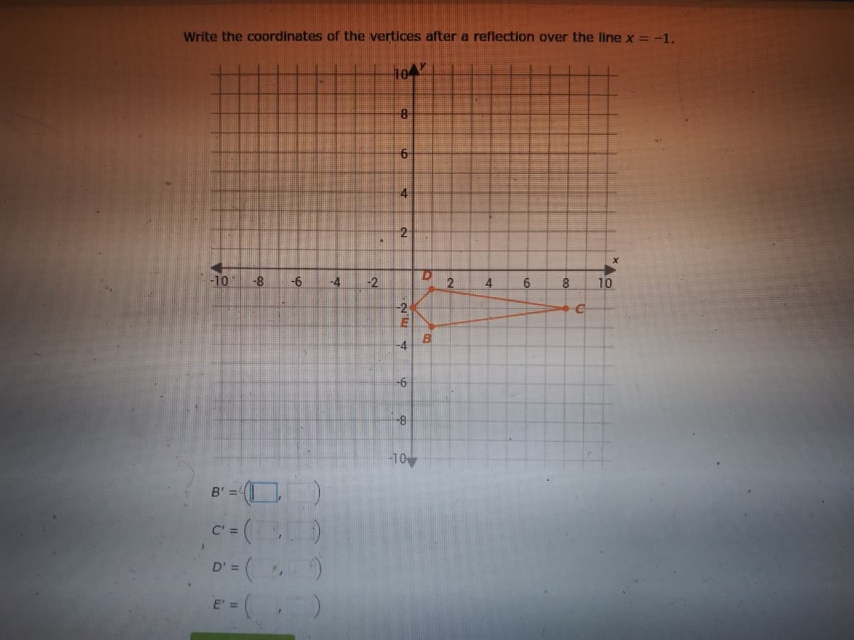 Write the coordinates of the vertices after a reflection over the line x =-1.
104
8-
4
2
-10
-8
-6
-4
1-2
4
10
-4
-6
-10
B' =
C' =
D'= (, )
E' =
