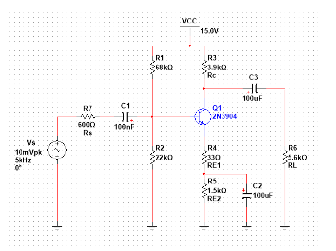 Vs
10mVpk
5kHz
0°
2.
R7
m
6000
Rs
C1
DE
100nF
R1
68kQ
R2
Σ22kΩ
VCC
15.0V
R3
3.9KQ
Rc
Q1
2N3904
R4
330
RE1
R5
>1.5kΩ
RE2
+₁
C3
DE
100uF
C2
100uF
R6
35.6kΩ
RL
H1₁