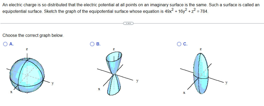 An electric charge is so distributed that the electric potential at all points on an imaginary surface is the same. Such a surface is called an
equipotential surface. Sketch the graph of the equipotential surface whose equation is 49x² + 16y² + z² = 784.
Choose the correct graph below.
O A.
Z
B.
Z
(...)
y
C.
X
Z
y