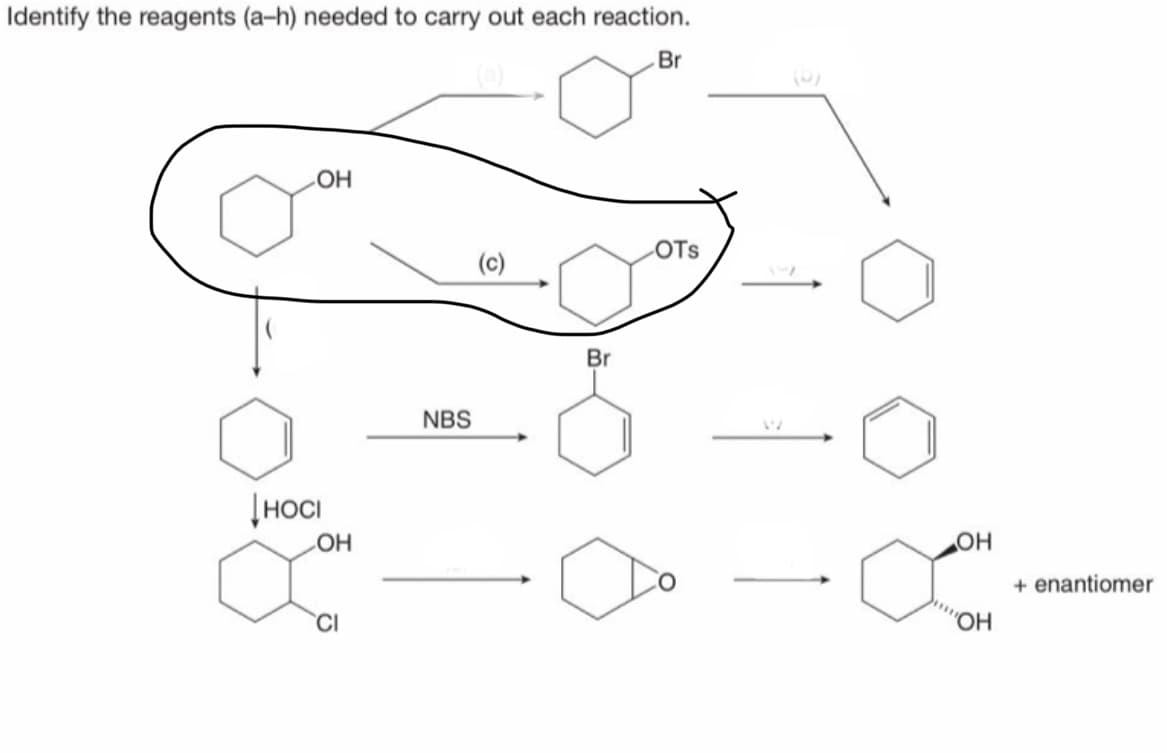 Identify the reagents (a-h) needed to carry out each reaction.
Br
OTs
(c)
Br
NBS
|HOCI
Он
HO
+ enantiomer
HO,
