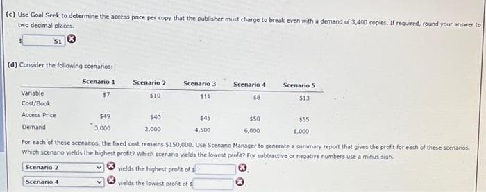 (c) Use Goal Seek to determine the access price per copy that the publisher must charge to break even with a demand of 3,400 copies. If required, round your answer to
two decimal places
51
(d) Consider the following scenarios:
Scenario 1
Scenario 2
Scenario 3
Scenario 4
Scenario 5
Variable
$7
$10
$11
$8
$13
Cost/Book
Access Price
$49
$40
$45
$50
$55
Demand
3,000
2,000
4,500
6,000
1,000
For each of these scenarios, the fixed cost remains $150,000. Use Scenano Manager to generate a summary report that gives the profit for each of these scenanos
Which scenario yields the highest profit? Which scenanio yields the lowest profit? For subtractive or negative numbers use a minus sign.
Scenario 2
yields the highest profit of s
Scenario 4
yields the lowest profit of $
