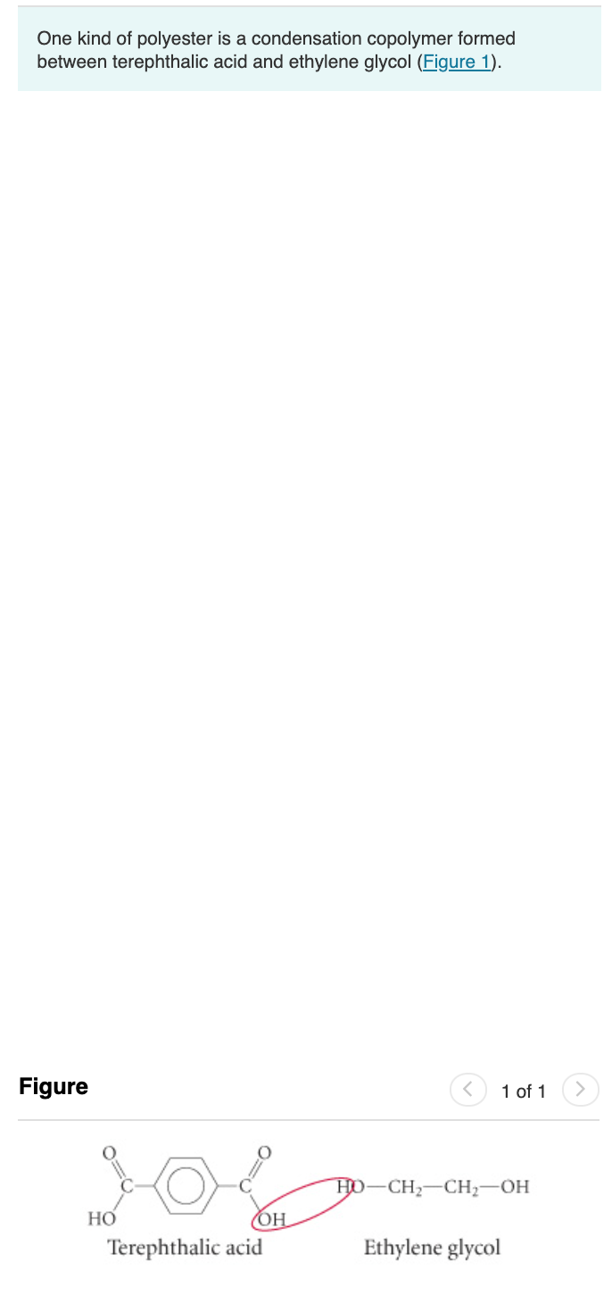 One kind of polyester is a condensation copolymer formed
between terephthalic acid and ethylene glycol (Figure 1).
Figure
1 of 1
HO-CH2-CH2-OH
OH
Terephthalic acid
Ethylene glycol

