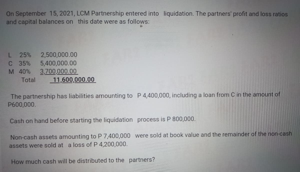 On September 15, 2021, LCM Partnership entered into liquidation. The partners' profit and loss ratios
and capital balances on this date were as follows:
L 25%
2,500,000.00
C 35%
5,400,000.00
M 40% 3,700,000.00
Total
11,600,000.00
The partnership has liabilities amounting to P 4,400,000, including a loan from C in the amount of
P600,000.
Cash on hand before starting the liquidation process is P 800,000.
Non-cash assets amounting to P 7,400,000 were sold at book value and the remainder of the non-cash
assets were sold at a loss of P 4,200,000.
How much cash will be distributed to the partners?