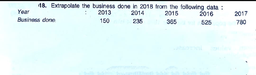 18. Extrapolate the business done in 2018 from the following data :
Year
2013
2014
2015
2016
2017
Business done:
150 235
365
525
780
