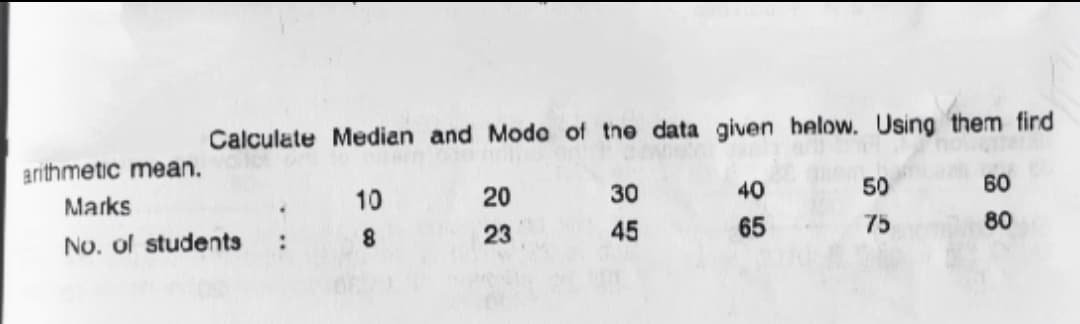 Calculate Median and Modo of tne data given helow. Using them fird
arithmetic mean.
Marks
10
20
30
40
50
60
No. ol students
8.
23
45
65
75
80
