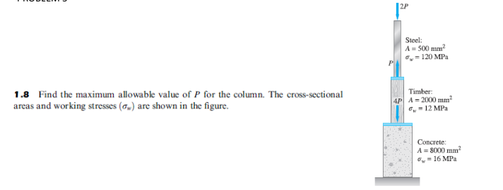 Steel:
A = 500 mm?
,= 120 MPa
Timber:
1.8 Find the maximum allowable value of P for the column. The cross-sectional
4P A= 2000 mm²
o, = 12 MPa
areas and working stresses (7„) are shown in the figure.
Concrete:
A = 8000 mm
,- 16 MPa
