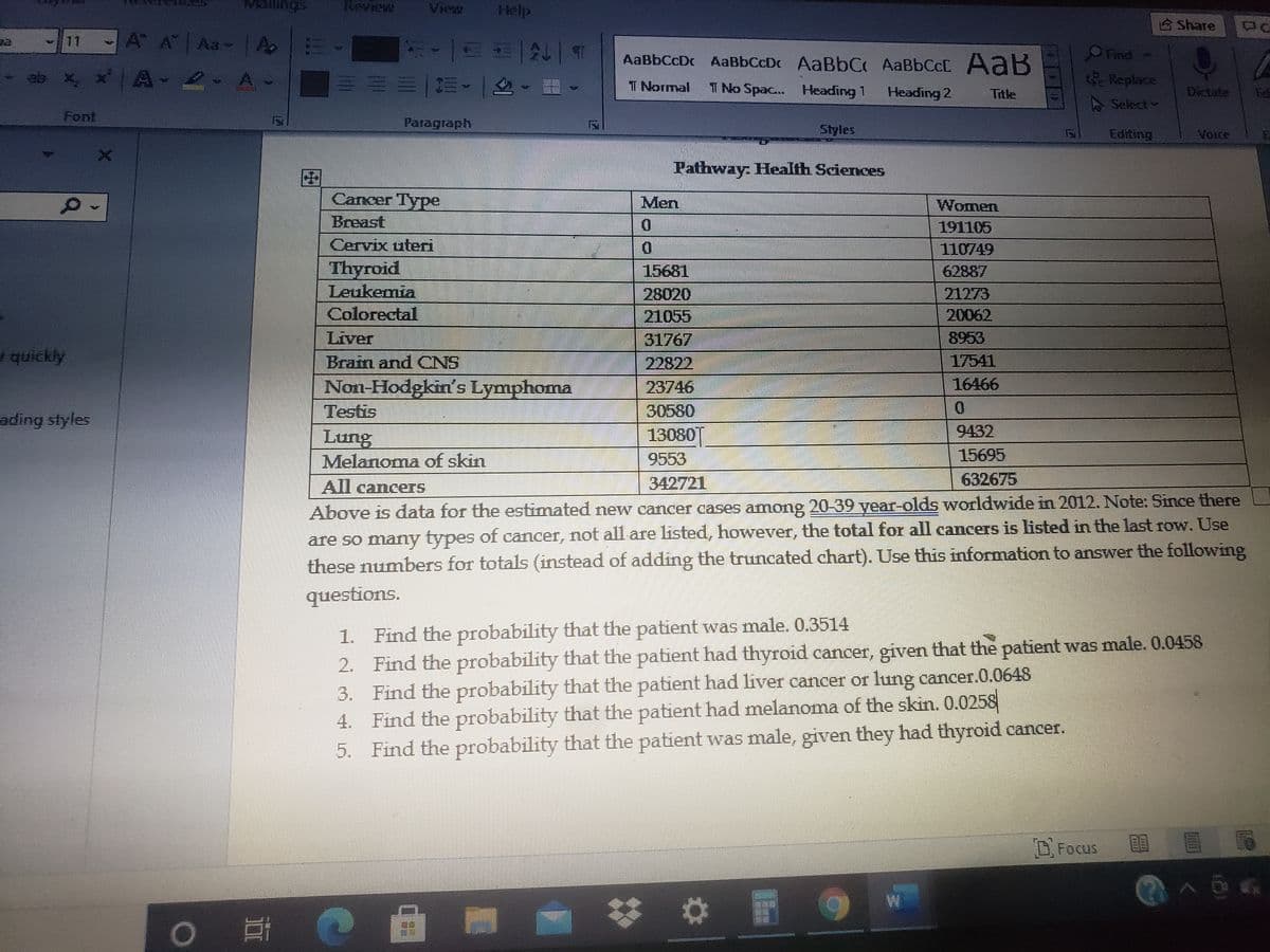 RevIew
shumen
View
Help
合Share
A A
A Aa-
x * A 2 A-
11
AaBbCcDc AaBbCcDc AaBbC AABBCCC AaB
Find
T Normal
T No Spac. Heading 1
Heading 2
Se Replace
Title
Ed
A Select
Font
Paragraph
Styles
Editing
Voice
Pathway: Health Sciences
Carcer Typе
Men
Women
Breast
Cervix uteri
191105
110749
Thyroid
Leukemia
Colorectal
15681
62887
28020
21055
21273
20062
Liver
31767
8953
i quickly
Brain and CNS
Non-Hodgkin's Lymphoma
Testis
22822
17541
23746
16466
30580
ading styles
13080
9432
Lung
Melanoma of skin
9553
15695
All canceTS
342721
632675
Above is data for the estimated new cancer cases among 20-39 year-olds worldwide in 2012. Note: Since there
are so many types of cancer, not all are listed, however, the total for all cancers is listed in the last row. Use
these numbers for totals (instead of adding the truncated chart). Use this information to answer the following
questions.
1. Find the probability that the patient was male. 0.3514
2. Find the probability that the patient had thyroid cancer, given that the patient was male. 0.0458
3. Find the probability that the patient had liver cancer or lung cancer.0.0648
Find the probability that the patient had melanoma of the skin. 0.0258
5. Find the probability that the patient was male, given they had thyroid cancer.
4.
Focus
W
