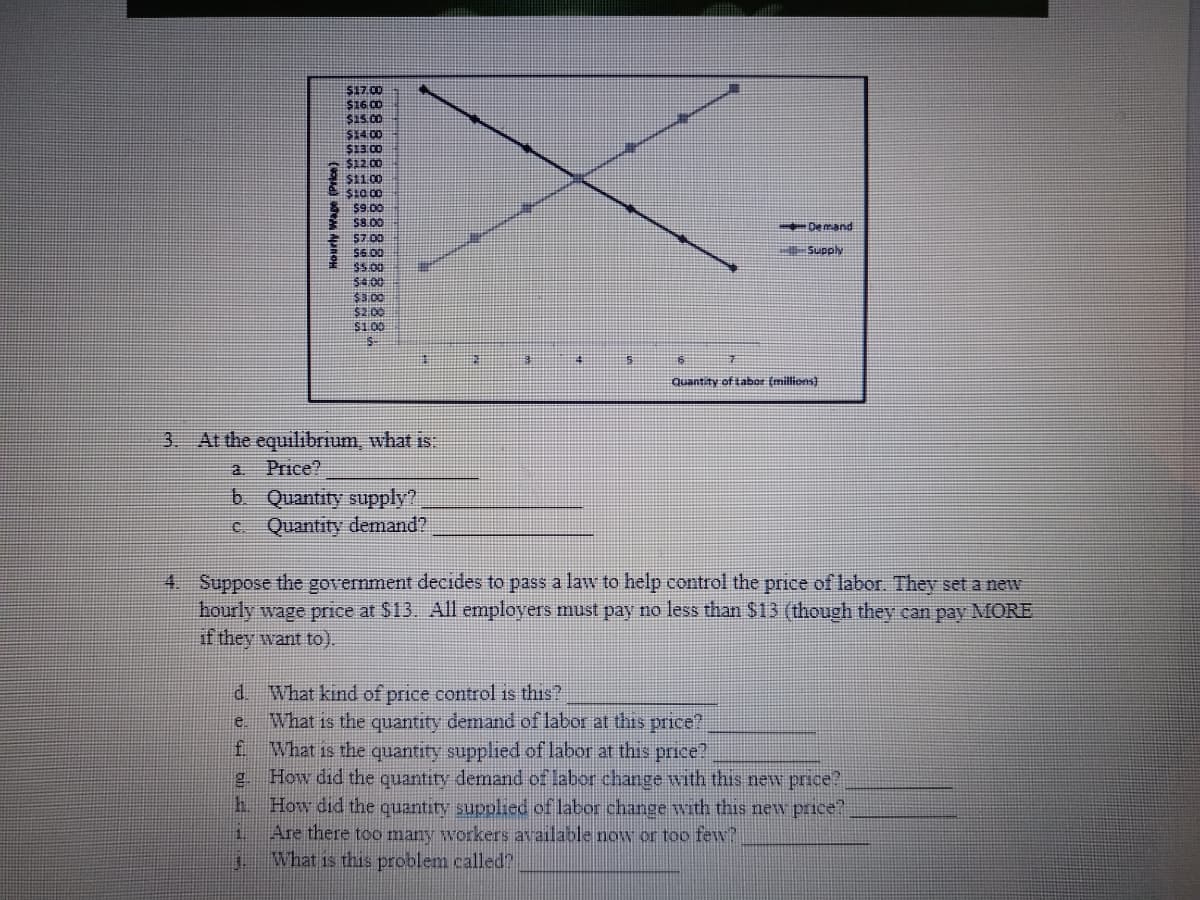 $17.00
$16 0
$15.00
$14 00
$13.00
$12.00
$11.00
$ $9.00
* S8.00
57 00
56.00
s5.00
$4.00
$3.00
$2 00
$100
De mand
Supply
Quantity of tabor (millions)
3 At the equilibrium, what is:
a.
Price?
b Quantity supply?
Quantity demand?
C.
4. Suppose the government decides to pass a law to help control the price of labor. They set a new
hourly wage price at $13. All employers must pay no less than $13 (though they can pay MORE
if they want to).
d. What kind of price control is this?
e What is the quantity demand of labor at this priice
f What is the quantity supplied of labor at this price?
e How did the quantity demand of labor change with this new price?,
E How did the quantity supplied of labor change with this new price?
1.
Are there too many workers available now or too tew?
What is this problem called?

