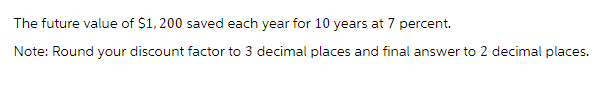 The future value of $1,200 saved each year for 10 years at 7 percent.
Note: Round your discount factor to 3 decimal places and final answer to 2 decimal places.