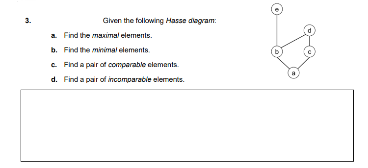 3.
Given the following Hasse diagram:
a. Find the maximal elements.
b. Find the minimal elements.
c. Find a pair of comparable elements.
d. Find a pair of incomparable elements.
a
