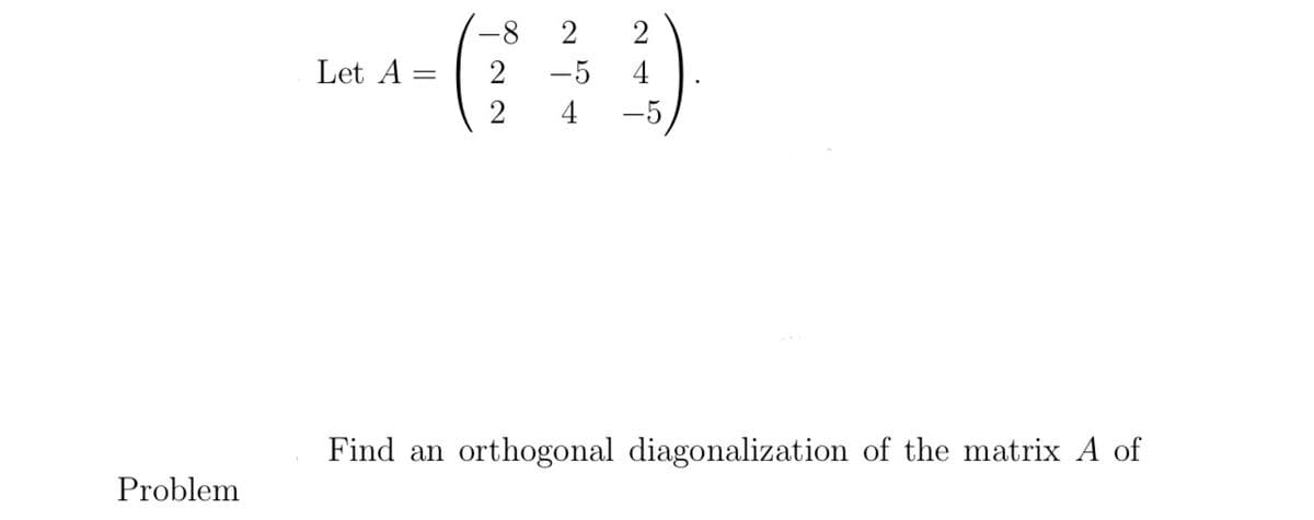 Problem
Let A =
=
-8
2
2
2
2
-5 4
4 -5
Find an orthogonal diagonalization of the matrix A of