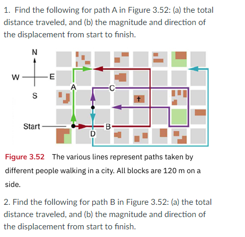 1. Find the following for path A in Figure 3.52: (a) the total
distance traveled, and (b) the magnitude and direction of
the displacement from start to finish.
N
w
-E
-C-
B-
D
Start -
Figure 3.52 The various lines represent paths taken by
different people walking in a city. All blocks are 120 m on a
