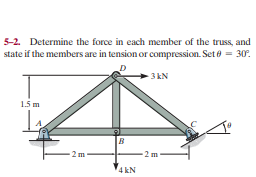 5-2. Determine the force in each member of the truss, and
state if the members are in tension or compression. Set e = 30.
3 kN
1.5 m
4 kN
