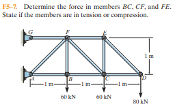 F5-7. Determine the force in members BC, CF, and FE.
State if the members are in tension or compression.
[B
-1 m-
60 kN
60 kN
80 kN
