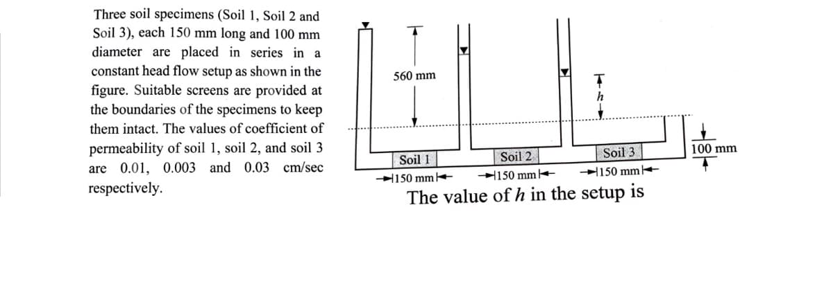 Three soil specimens (Soil 1, Soil 2 and
Soil 3), each 150 mm long and 100 mm
diameter are placed in series in a
constant head flow setup as shown in the
figure. Suitable screens are provided at
the boundaries of the specimens to keep
560 mm
them intact. The values of coefficient of
permeability of soil 1, soil 2, and soil 3
are 0.01, 0.003 and 0.03 cm/sec
Soil 3
100 mm
Soil 1
Soil 2
150 mm+
150 mm T
150 mm+
respectively.
The value of h in the setup is
