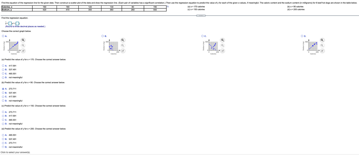 Find the equation of the regression line for the given data. Then construct a scatter plot of the data and draw the regression line. (Each pair of variables has a significant correlation.) Then use the regression equation to predict the value of y for each of the given x-values, if meaningful. The caloric content and the sodium content (in milligrams) for 6 beef hot dogs are shown in the table below.
Calories, x
Sodium, y
130
360
160
180
120
80
190
(a) x= 170 calories
(b) x = 90 calories
420
470
350
260
550
(c) x = 150 calories
(d) x = 200 calories
Find the regression equation.
(Round to three decimal places as needed.)
Choose the correct graph below.
О в.
Oc.
OD.
560-
560
560-
560-
200
200
Calories
200
Calories
Calories
Calories
(a) Predict the value of y for x = 170. Choose the correct answer below.
O A. 417,591
О В. 537.491
Oc. 465.551
O D. not meaningful
(b) Predict the value of y for x = 90. Choose the correct answer below.
O A. 273.711
О в. 537,491
O C. 417.591
O D. not meaningful
(c) Predict the value of y for x = 150. Choose the correct answer below.
O A. 273.711
O B. 417.591
O c. 465.551
O D. not meaningful
(d) Predict the value of y for x = 200. Choose the correct answer below.
O A. 465.551
O B. 537.491
O C. 273.711
O D. not meaninaful
Click to select your answer(s).
