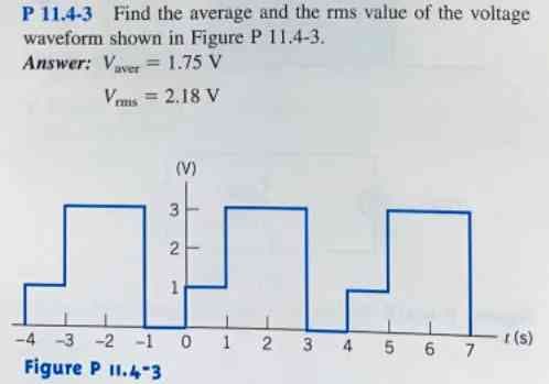 P 11.4-3 Find the average and the rms value of the voltage
waveform shown in Figure P 11.4-3.
Answer: Vaver = 1.75 V
Vis = 2.18 V
(V)
r(s)
5 6 7
3
2
1
-4 -3 -2 -1 0
Figure P 11.4-3
12
3
4