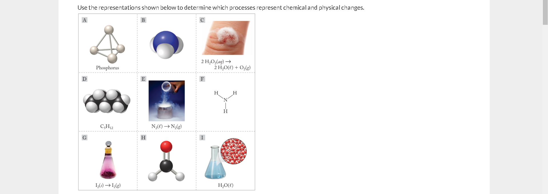 Phosphorus
2 H¿O(t) + O,g)
D
E
F
H
C;H12
N;(€) → N¿(g)
H
I„(1) → I,(g)
H,O(f)
