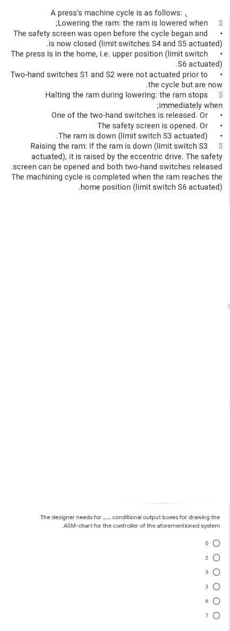 A press's machine cycle is as follows:
Lowering the ram: the ram is lowered when 0
The safety screen was open before the cycle began and
is now closed (limit switches S4 and S5 actuated)
The press is in the home, i.e. upper position (limit switch
S6 actuated)
Two-hand switches S1 and S2 were not actuated prior to
the cycle but are now
Halting the ram during lowering: the ram stops 0
;immediately when
One of the two-hand switches is released. Or
.
The safety screen is opened. Or
.
.The ram is down (limit switch S3 actuated)
Raising the ram: If the ram is down (limit switch S3
actuated), it is raised by the eccentric drive. The safety
.screen can be opened and both two-hand switches released
The machining cycle is completed when the ram reaches the
home position (limit switch S6 actuated)
The designer needs for ........conditional output boxes for drawing the
ASM-chart for the controller of the aforementioned system
0 C
2
3
O O O O O O