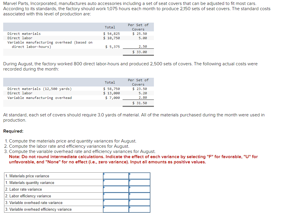 Marvel Parts, Incorporated, manufactures auto accessories including a set of seat covers that can be adjusted to fit most cars.
According to its standards, the factory should work 1,075 hours each month to produce 2,150 sets of seat covers. The standard costs
associated with this level of production are:
Total
Direct materials
$ 54,825
Direct labor
$ 10,750
Per Set of
Covers
$ 25.50
5.00
Variable manufacturing overhead (based on
direct labor-hours)
$ 5,375
2.50
$ 33.00
During August, the factory worked 800 direct labor-hours and produced 2,500 sets of covers. The following actual costs were
recorded during the month:
Total
Direct materials (12,500 yards)
Direct labor
$ 58,750
$ 13,000
Variable manufacturing overhead
$ 7,000
Per Set of
Covers
$ 23.50
5.20
2.80
$ 31.50
At standard, each set of covers should require 3.0 yards of material. All of the materials purchased during the month were used in
production.
Required:
1. Compute the materials price and quantity variances for August.
2. Compute the labor rate and efficiency variances for August.
3. Compute the variable overhead rate and efficiency variances for August.
Note: Do not round intermediate calculations. Indicate the effect of each variance by selecting "F" for favorable, "U" for
unfavorable, and "None" for no effect (i.e., zero variance). Input all amounts as positive values.
1. Materials price variance
1. Materials quantity variance
2. Labor rate variance
2. Labor efficiency variance
3. Variable overhead rate variance
3. Variable overhead efficiency variance