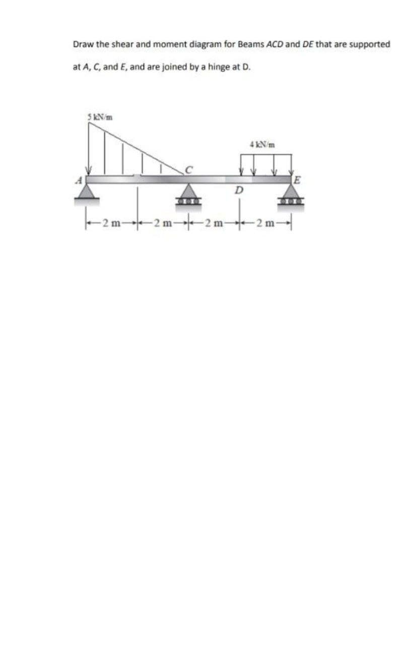 Draw the shear and moment diagram for Beams ACD and DE that are supported
at A, C, and E, and are joined by a hinge at D.
5 kN/m
4 kN/m
-2 m2 m-:
2 m
2 m
