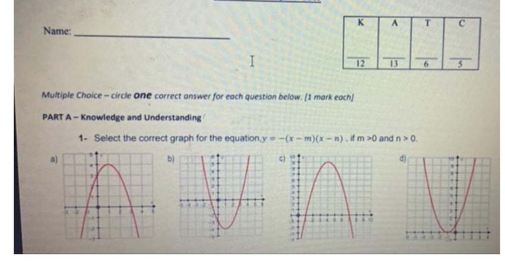 K
T.
Name:
I
12
13
6.
Multiple Choice- circle one correct answer for each question below. [1 mark each]
PART A - Knowledge and Understanding
1- Select the correct graph for the equation.y -(x-m)(x -n), if m >0 and n> 0.
Vn
a)
b)
c)
d)
