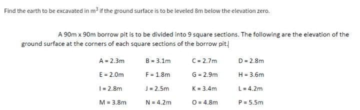 Find the earth to be excavated in m³ if the ground surface is to be leveled 8m below the elevation zero.
A 90m x 90m borrow pit is to be divided into 9 square sections. The following are the elevation of the
ground surface at the corners of each square sections of the borrow pit.
A = 2.3m
B = 3.1m
C = 2.7m
D = 2.8m
H = 3.6m
E = 2.0m
F = 1.8m
G = 2.9m
| = 2.8m
J = 2.5m
K = 3.4m
L = 4.2m
M = 3.8m
N = 4.2m
0=4.8m
P = 5.5m