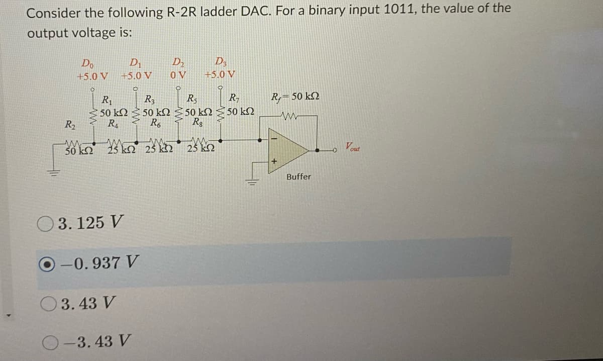 Consider the following R-2R ladder DAC. For a binary input 1011, the value of the
output voltage is:
Do
D₁
+5.0 V +5.0 V
R₁
• 50 ΚΩ
R₁
R₂
30kn 25km 25 k
03.125 V
-0.937 V
3.43 V
O-3.43 V
D₂
ov
D3
+5.0 V
R₂
R₁
50 kΩ < 50 ΚΩ
R6 Rg
25 ΚΩ
R₁
50 ΚΩ
R,= 50 ΚΩ
www
+
Buffer
Vout