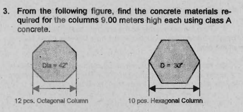 3. From the following figure, find the concrete materials re-
quired for the columns 9.00 meters high each using class A
concrete.
Dia-42
12 pcs. Octagonal Column
D-302
10 pcs. Hexagonal Column