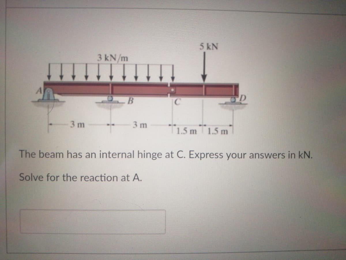 3 m
3 kN/m
B
3 m
C
5 kN
1.5 m 1.5 m
D
The beam has an internal hinge at C. Express your answers in kN.
Solve for the reaction at A.