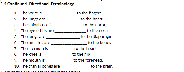 1.4 Continued- Directional Terminology
1. The wrist is
2. The lungs are
3. The spinal cord is
4. The eye orbits are
5. The lungs are
6. The muscles are
7. The sternum is
8. The knee is
to the fingers.
to the heart.
to the aorta.
to the nose.
to the diaphragm.
to the bones.
to the heart.
to the hip
to the forehead.
9. The mouth is
10. The cranial bones are
ing the previour tablo fill in the blanks
to the brain.