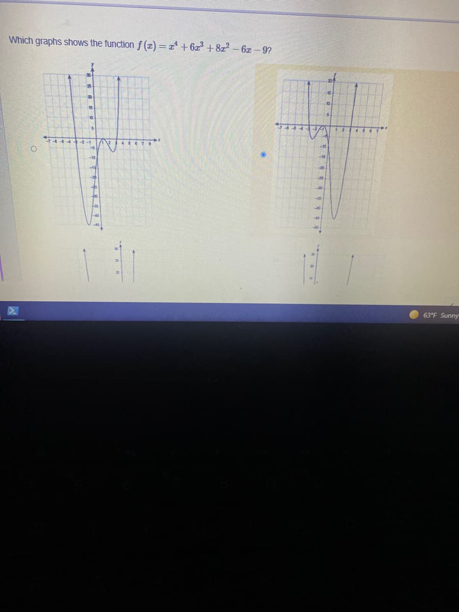 Which graphs shows the function f (x) = 2 +6x + 8z-6z-9?
+10
-10
-30
10
-48
63°F Sunny
R E RRR
