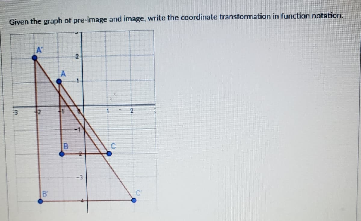 Given the graph of pre-image and image, write the coordinate transformation in function notation.
A"
2
12
-1
-3
B'
C'
B.
