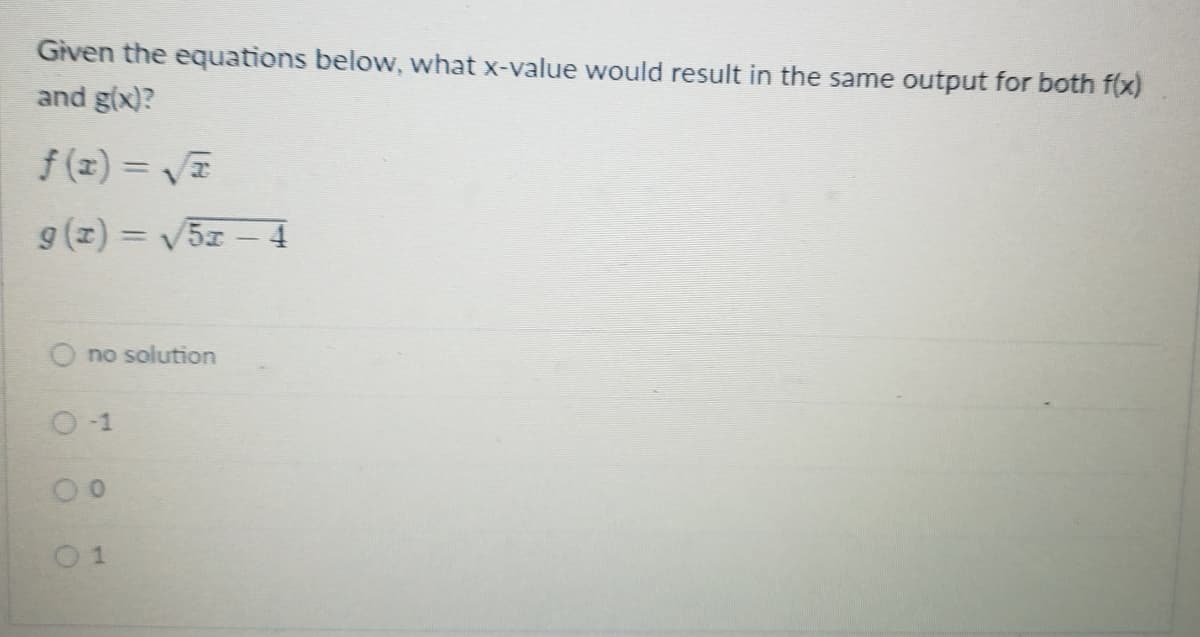 Given the equations below, what x-value would result in the same output for both f(x)
and g(x)?
f (z) = VE
g (z) = V5x – 4
%3D
no solution
O-1
0 1
