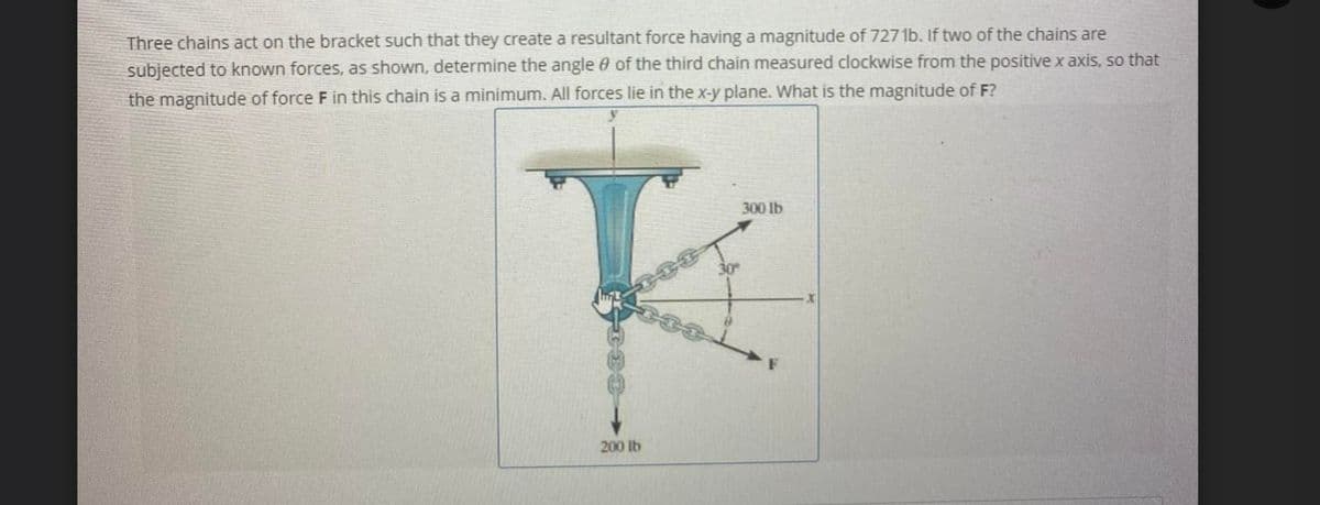 Three chains act on the bracket such that they create a resultant force having a magnitude of 727 1b. If two of the chains are
subjected to known forces, as shown, determine the angle of the third chain measured clockwise from the positive x axis, so that
the magnitude of force F in this chain is a minimum. All forces lie in the x-y plane. What is the magnitude of F?
300 lb
30°
K
CEC
200 lb