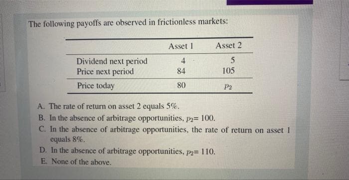 The following payoffs are observed in frictionless markets:
Dividend next period
Price next period
Price today
Asset 1
4
84
80
Asset 2
5
105
P2
A. The rate of return on asset 2 equals 5%.
B. In the absence of arbitrage opportunities, p2= 100.
C. In the absence of arbitrage opportunities, the rate of return on asset 1
equals 8%.
D. In the absence of arbitrage opportunities, p2= 110.
E. None of the above.