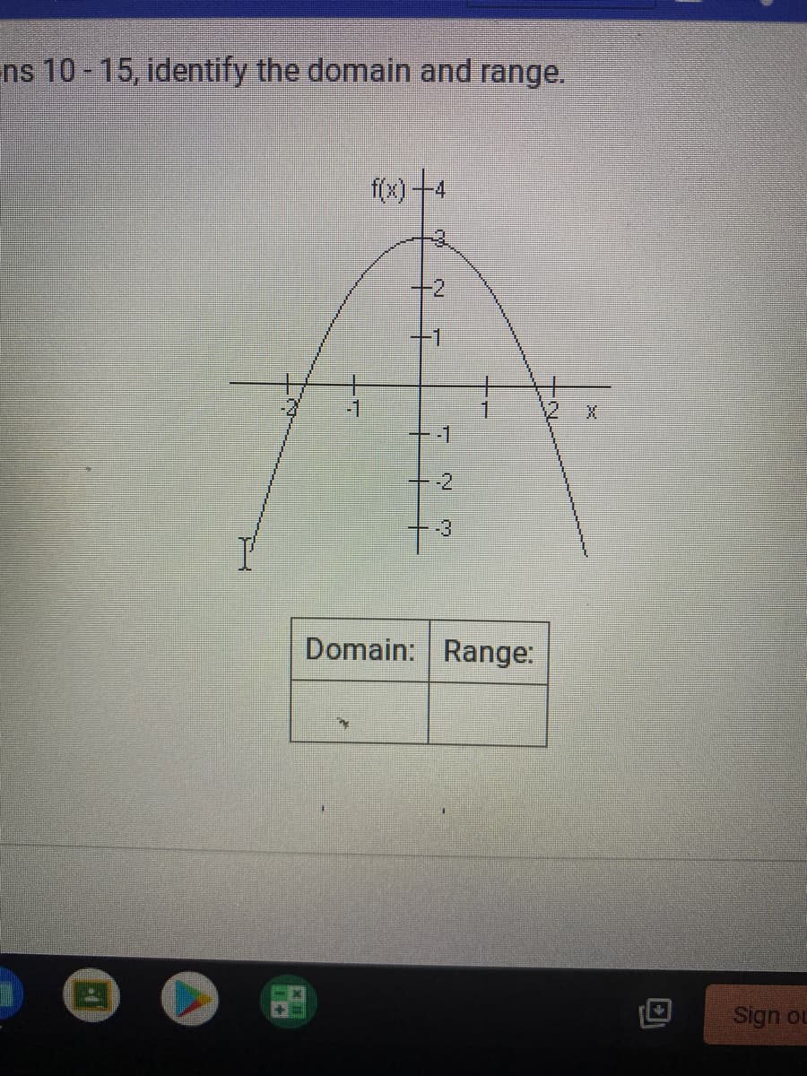 ns 10 -15, identify the domain and range.
f(x) -4
-2
-1
-1
+-2
+3
Domain: Range:
Sign ou
