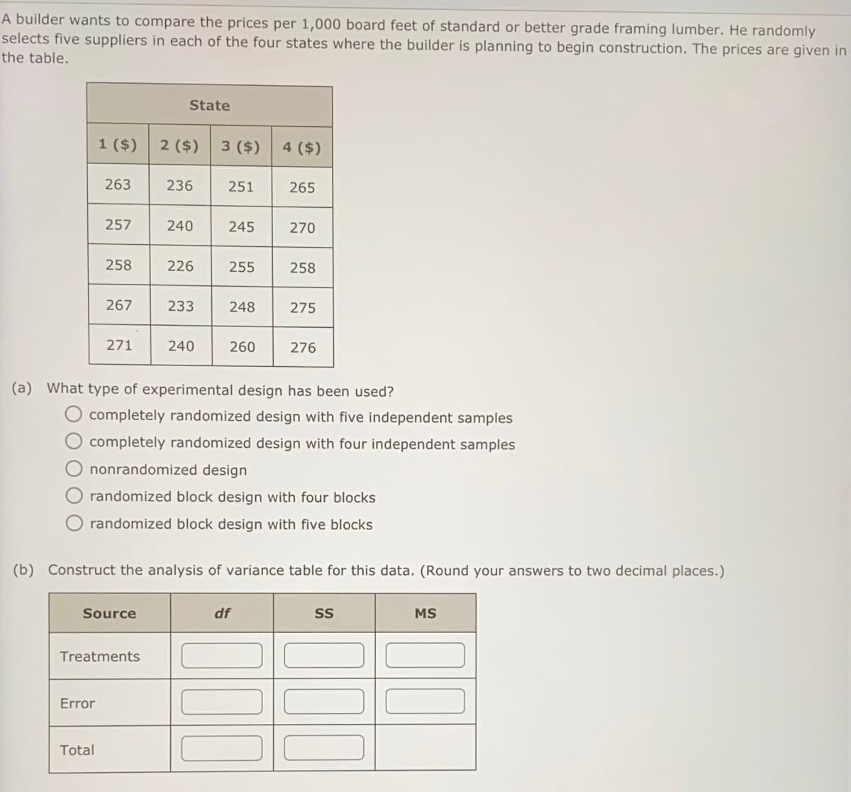 A builder wants to compare the prices per 1,000 board feet of standard or better grade framing lumber. He randomly
selects five suppliers in each of the four states where the builder is planning to begin construction. The prices are given in
the table.
1 ($)
263
257
258
Error
267
Total
271
Source
State
Treatments
2 ($) 3 ($) 4 ($)
236
240
226
233
240
251
245
255
248
260
265
(a) What type of experimental design has been used?
270
completely randomized design with five independent samples
completely randomized design with four independent samples
nonrandomized design
randomized block design with four blocks
O randomized block design with five blocks
258
(b) Construct the analysis of variance table for this data. (Round your answers to two decimal places.)
df
275
276
SS
MS